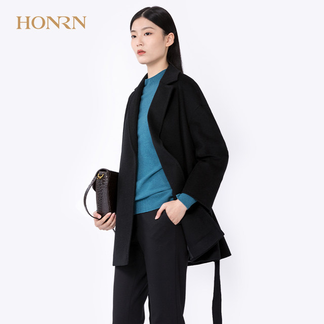 HONRN/Celebrity Retro Wool Woolen Coat Temperament Goddess Style Autumn and Winter Mid-Length Belted Waist Coat