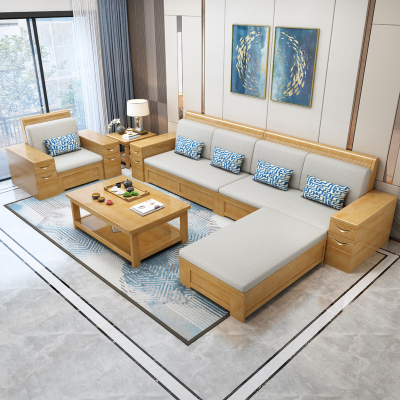 Solid Wood Sofa New Chinese Home Size Family Style Living Room Composition Full Solid Wood Storage Winter Summer Dual-use Sofa Furniture-Taobao