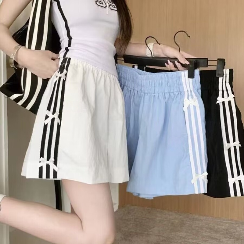 Summer American Retro Three-Stripe Bow Patchwork High-Waisted Slimming Wide-Leg Pants Multi-Color Fashion Shorts Women's Sweatpants