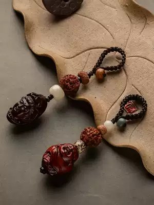 Natural Rosewood Buddha statue keychain Maitreya Guanyin fine woven mobile phone charm Hand-woven rope pendant personality