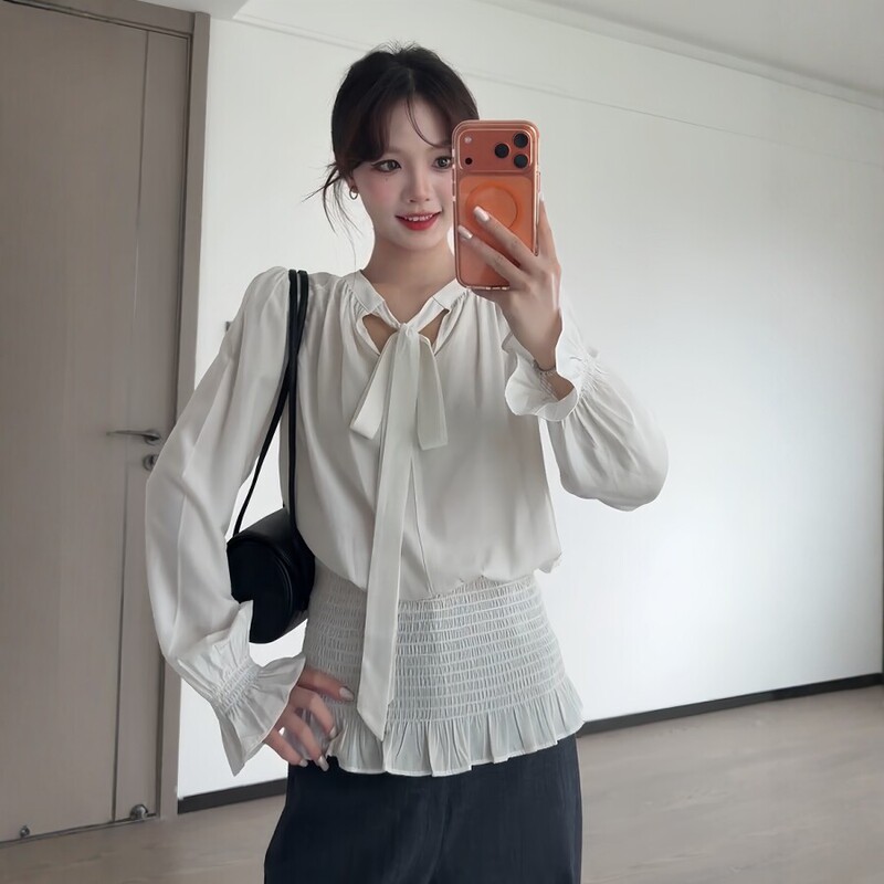 Plus-Size Korean-Style Design Two-Way Pleated Waist-Cinching Long-Sleeve Shirt, Early Autumn New Bow-Tie Tie-Up Top Plus-Size Korean-Style Design Two-Way Pleated Waist-Cinching Long-Sleeve Shirt, Early Autumn New Bow-Tie Tie-Up Top
