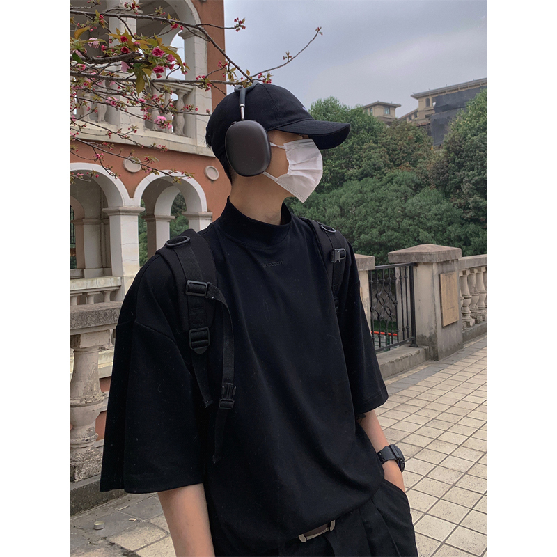 Aurocean Inner Layer with a Small Turtleneck and Short Sleeves, Summer Black and White Loose Basic Style Letter Embroidered T-Shirt Aurocean Inner Layer with a Small Turtleneck and Short Sleeves, Summer Black and White Loose Basic Style Letter Embroidered T-Shirt