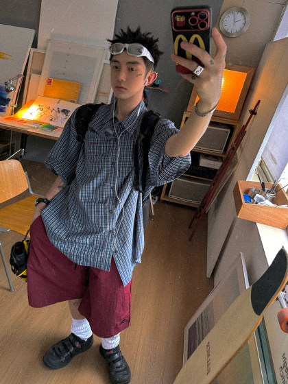 Aurocean 滑板少年撞色小格子衬衫 轻盈纯棉宽松大版短袖