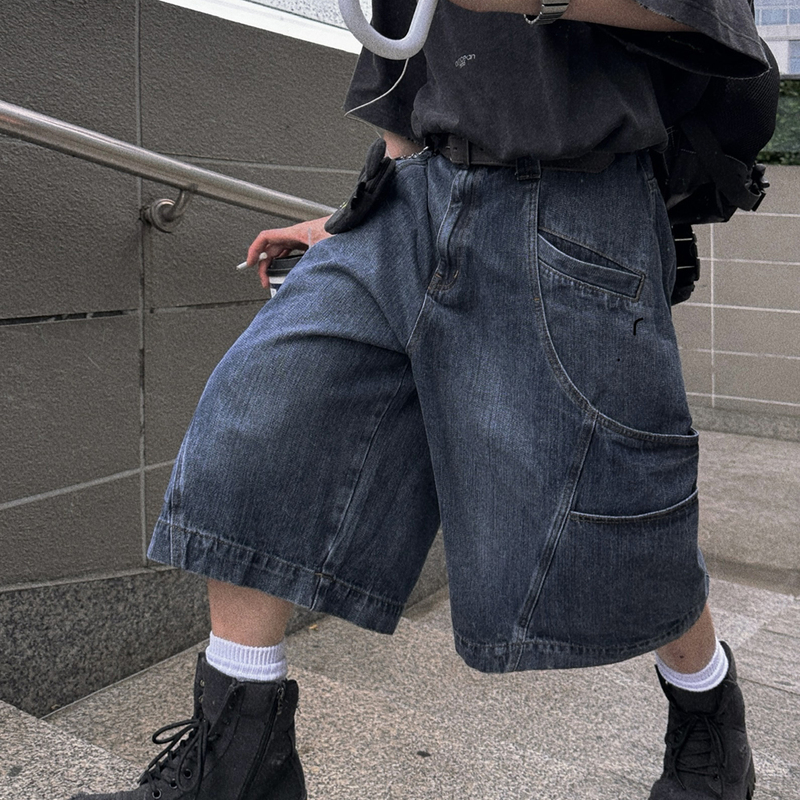 Aurocean Washed Gray-Blue Slub Denim Shorts with Multi-Pocket Deconstructed Design, Loose Fit Mid-Length Pants Aurocean Washed Gray-Blue Slub Denim Shorts with Multi-Pocket Deconstructed Design, Loose Fit Mid-Length Pants