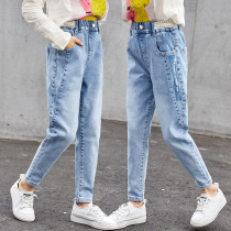 Girl Jeans Spring Autumn Thin middle school Childrens casual ocean Spring summer long pants 12-year-old Childrens underpants Korean version of the tide