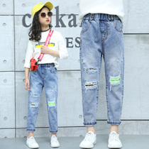 Girl Breaking Cave Jeans 2021 Spring Autumn Slim pants CUHK Trendy Casual Long Pants Children Korean Edition Chunxia