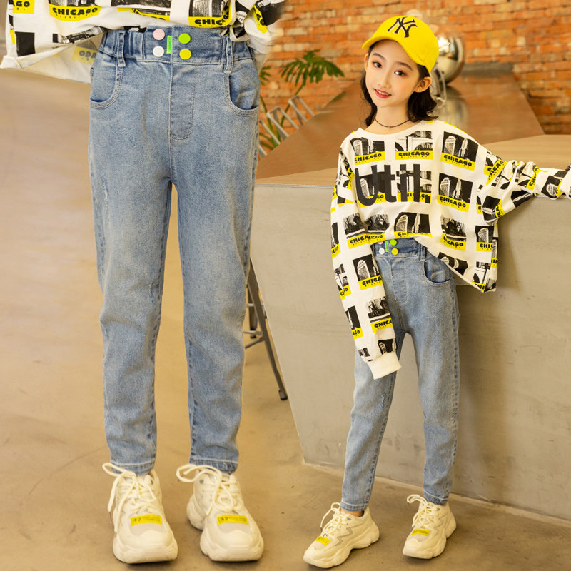 Children's pants 2020 spring style girls Korean version of slim jeans Western style casual trousers children's spring and autumn thin trend