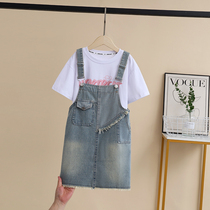Girls denim suspender skirt suit summer new medium and large childrens high-end suspender skirt good-looking two-piece set thin