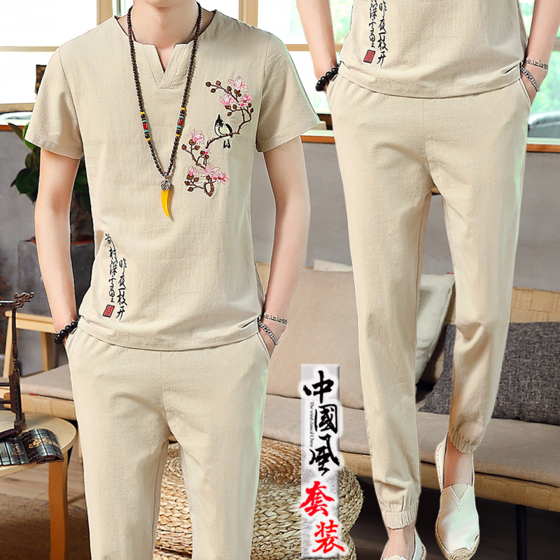 Summer linen suit male cotton linen short sleeve T shirt fashion summer V retro Chinese style leisure 2021 new clothes
