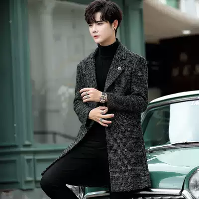 Plaid woolen coat men's middle and long version spring and autumn Korean version of slim Nizi trench coat men's woolen country tide coat tide