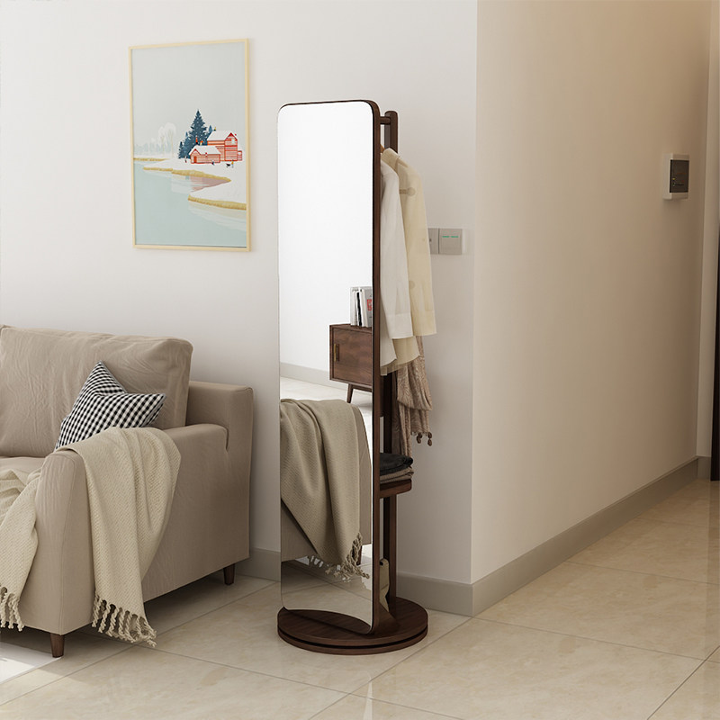 Full-length mirror floor mirror home solid wood dressing mirror fitting mirror multi-functional mobile hanger integrated rotating mirror