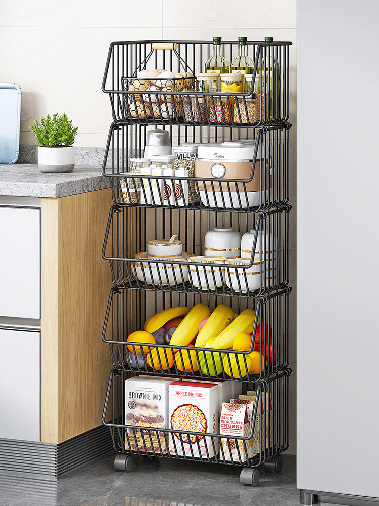 Vegetable Basket Kitchen Storage Rack, Floor-Standing Multi-Layer Fruit and Vegetable Storage Supplies, Wall-Corner Mobile Snack Cart