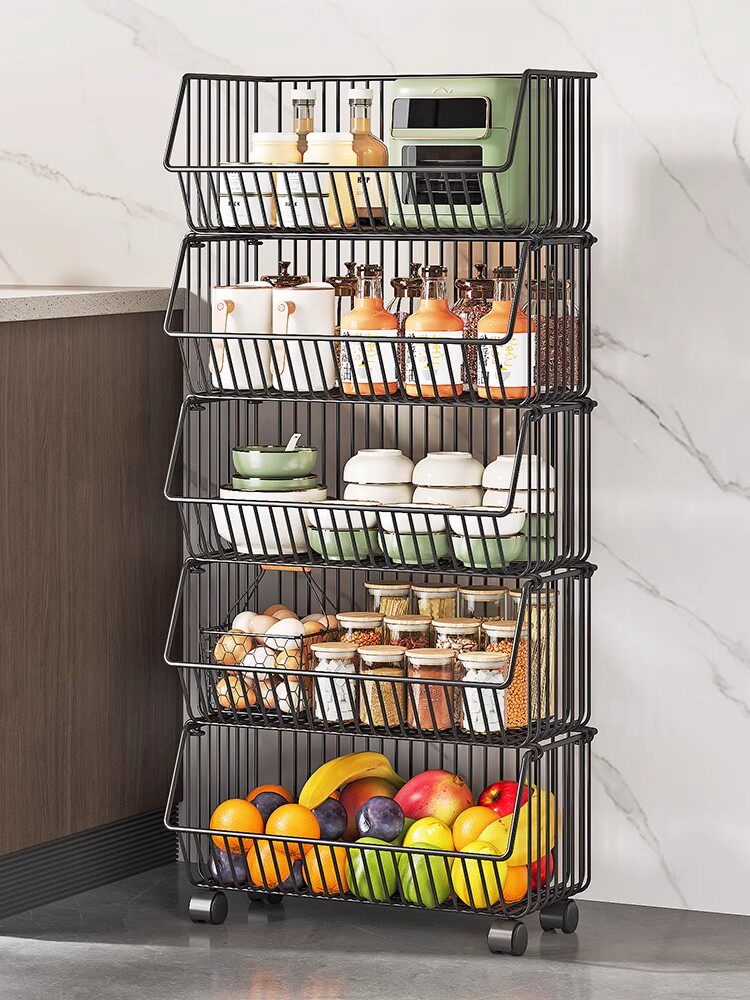 Vegetable Basket Kitchen Storage Rack, Floor-Standing Multi-Layer Fruit and Vegetable Storage Supplies, Wall-Corner Mobile Snack Cart