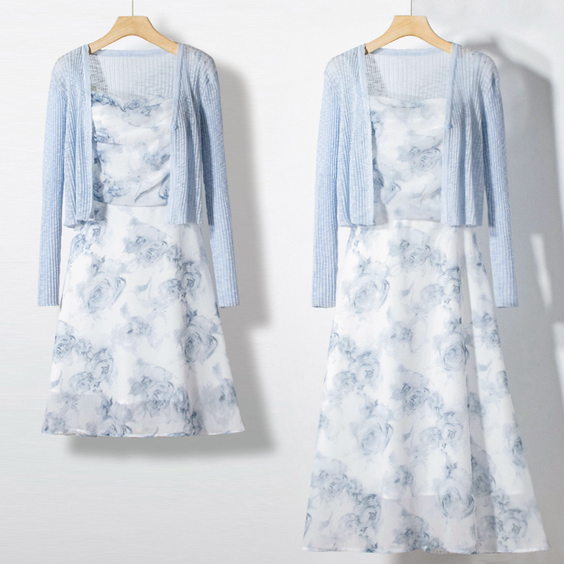 Super Fairy-Like Chiffon Dress Set with Shawl, French-Style Elegant Long Dress, Blue Ink Painting Suspender Dress