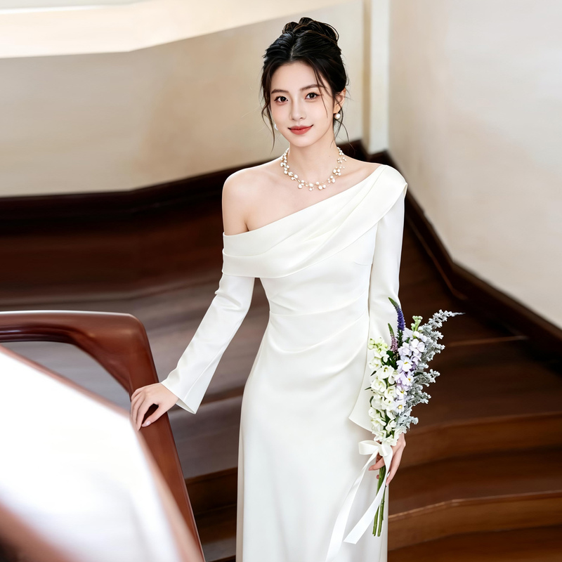 White Satin Long-Sleeved French Engagement Dress, Light Wedding Dress, Stunning White Dress for Marriage Registration, High-End Evening Dress