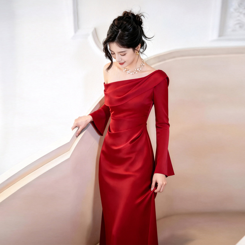 Red Engagement Gown, Satin Long-Sleeve Dress with an Asymmetrical Shoulder Design, Elegant Bridal Toast Dress, Morning Robe with a High-End Feel for Women