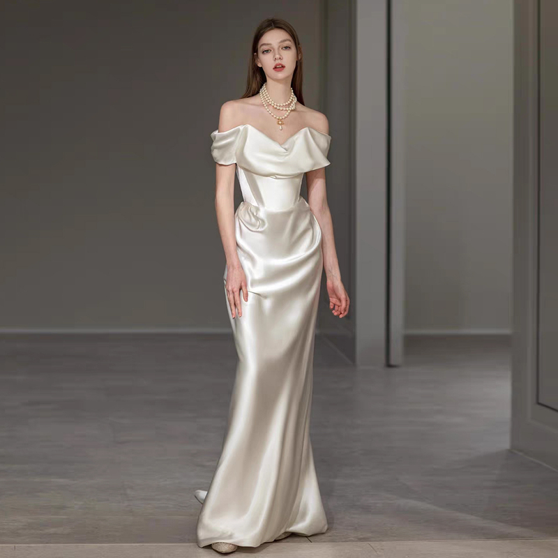 Empress Dowager White Engagement Dress High-End Satin Arm-Covering Light Wedding Dress Bride's Toast Dress Banquet Evening Dress