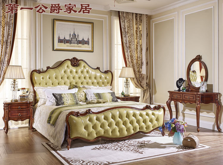European - style classical solid wood luxury house furniture FF2C double bed furniture leather bed bedside dresser