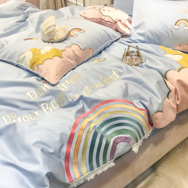 Fresh girl heart 80 long-staple cotton four-piece set pure cotton cotton cartoon rainbow quilt cover princess bedding