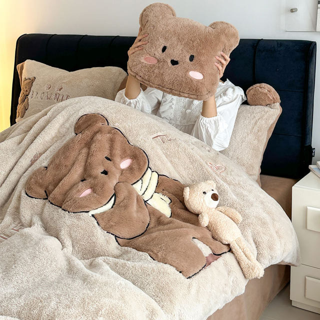 Cute Bear Winter Thickened Rabbit Plush Four-piece Milk Velvet Cartoon Quilt Cover Double-sided Coral Velvet Bedding