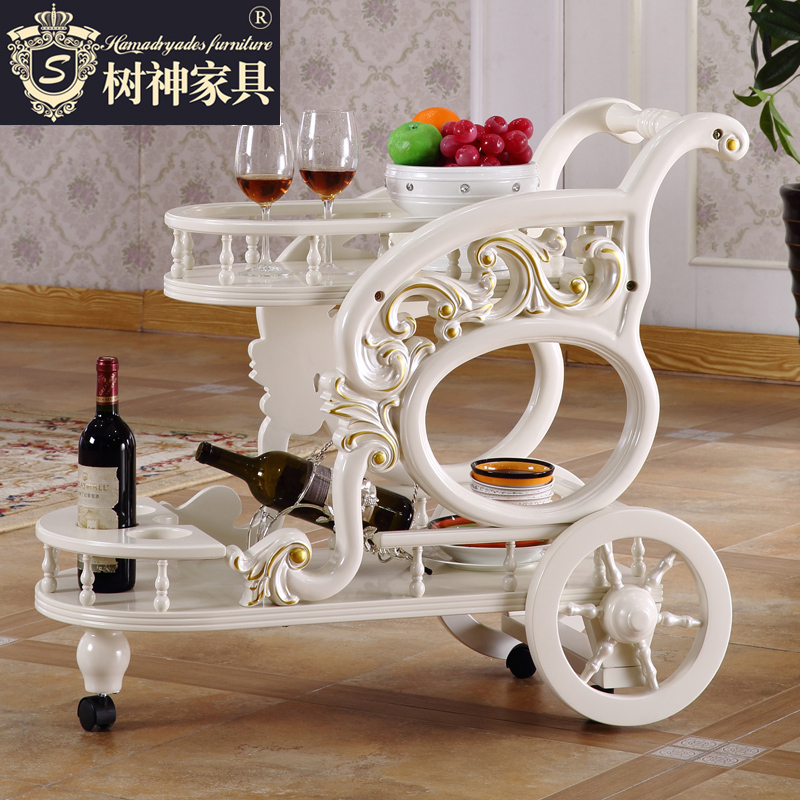 European-style liquor cart dining cart cart cart hotel mobile shelf restaurant home carved double-deck solid wood cart cart