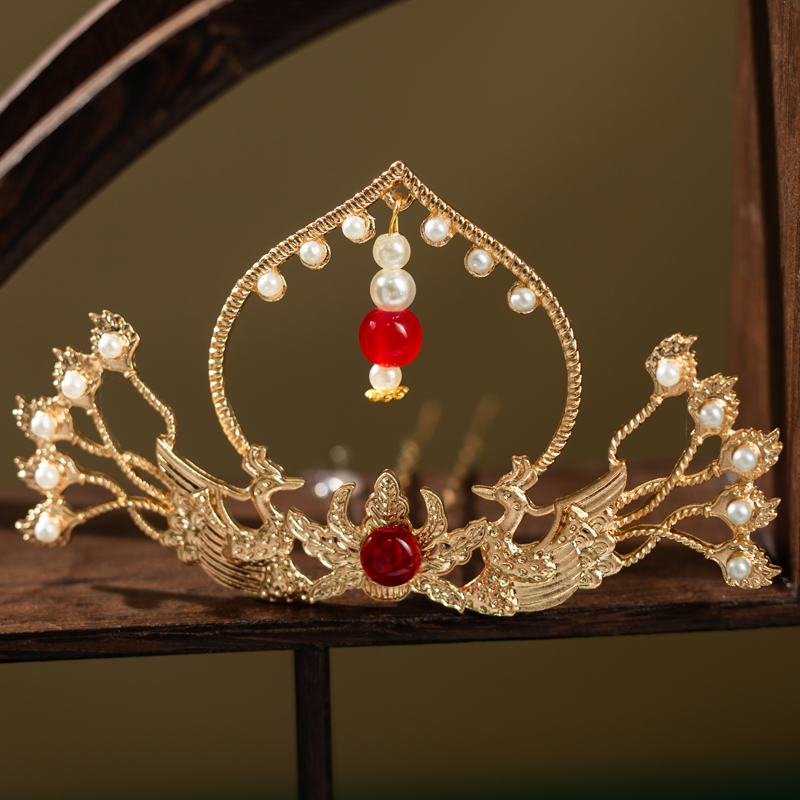 Ancient Wind Hair Crown of the Tang Wind Ming Pearl Flow Su Hairpin Phoenix Head Crown Hanfu Head Accessories Walking and Shaking Hair and Ancient Clothing Hair
