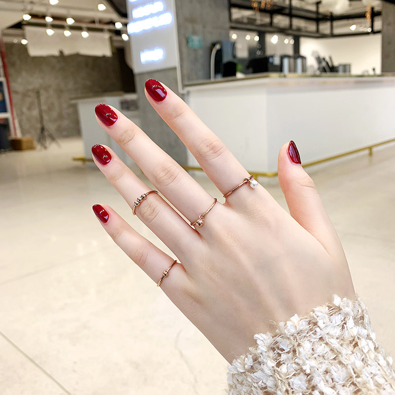 Han Jing titanium steel Korean version mix and match pearl ball plated rose gold ring ring female pinky ring set jewelry