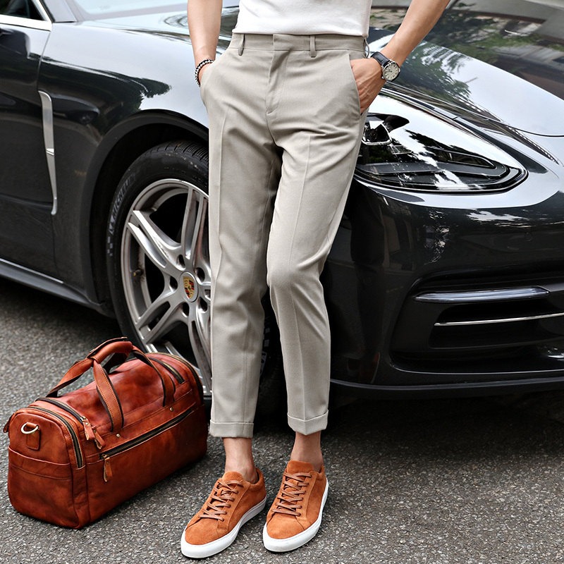 Men's Nine-Point Trousers, Korean Style, Slim Fit, Casual, British Business Style, Black, Tapered, Summer Trendy Cuffed Nine-Point Trousers