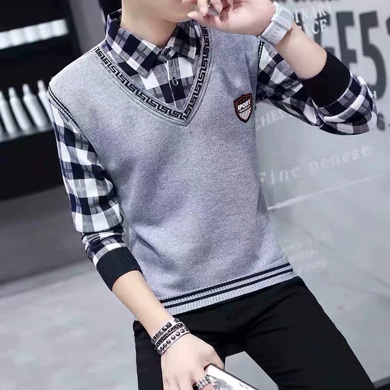 Thu kỳ nghỉ hai mảnh phiên bản Hàn Quốc cổ áo sơ mi áo len nam có chì knitsweater áo len quần áo mùa thu mỏng.