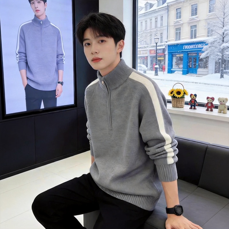 Half-Zip Sweater for Men, Autumn and Winter 2026 New Style, Youth Boys' Knitted Base Layer, Thickened Warm Knitwear Half-Zip Sweater for Men, Autumn and Winter 2026 New Style, Youth Boys' Knitted Base Layer, Thickened Warm Knitwear