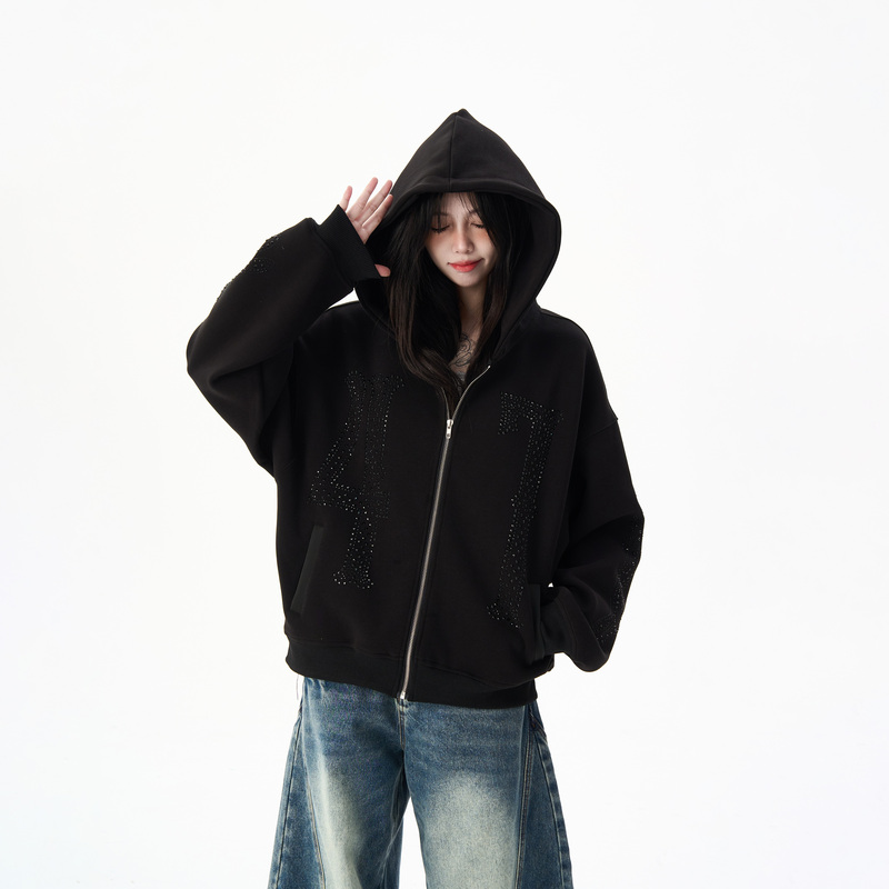 Millions of Young People's American Retro Style Diamond-Encrusted Black Cardigan Hooded Sweatshirt Jacket for Women, Short Niche Top, Trendy