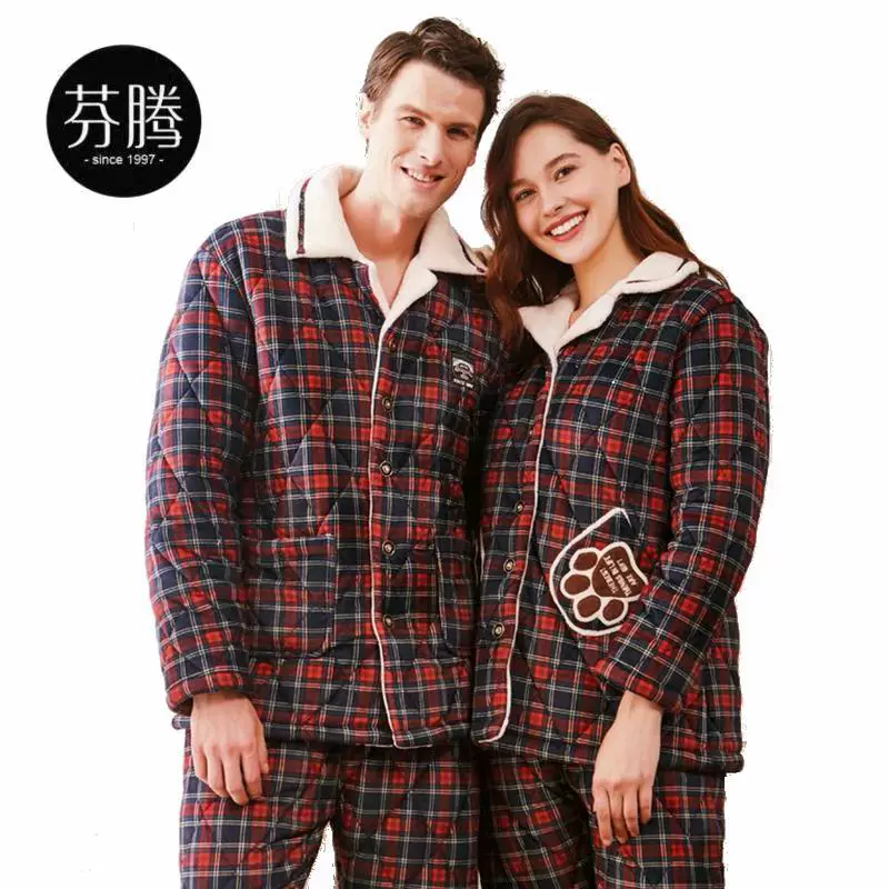 Bộ đồ ngủ nam bằng vải cotton Fenteng đặc biệt kẻ sọc đỏ và đen mùa đông mới dài tay có thể mặc bên ngoài bộ đồ dịch vụ gia đình