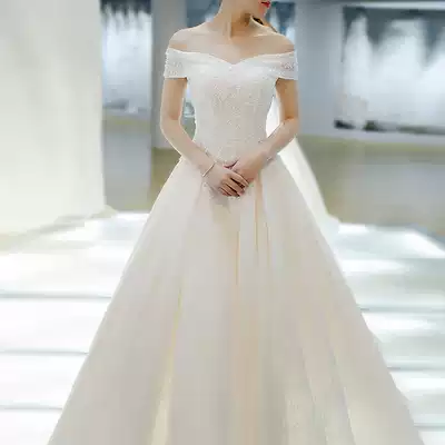 Light wedding dress woman small man 2021 new bride shoulder simple thin tail Starry Sky summer