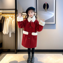 Girls woolen coats older childrens mid-length red woolen coats winter clothes 2023 new fur collar western-style New Years greetings clothes