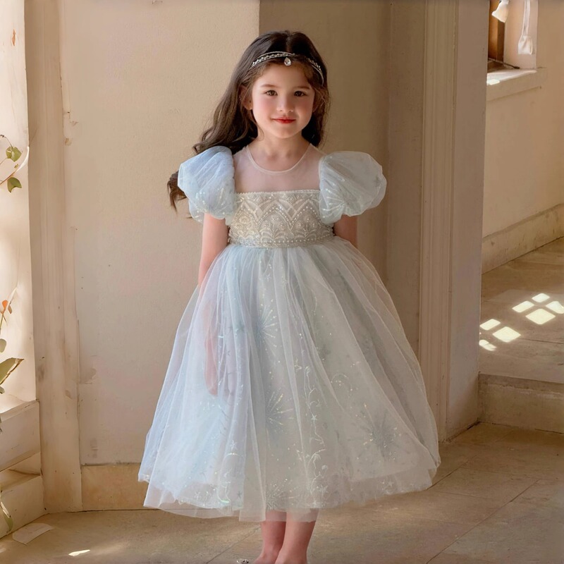 2026 Summer Girls' Elsa Princess Dress Snowflake Embroidery Frozen High-End Birthday Dress Children's Day