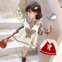 Girl Han Edition Suit Spring Fall Middle Childrens College Wind Shirt Butterfly Knot Harness Skirt Baby Rabbit Ear Cover Skirt