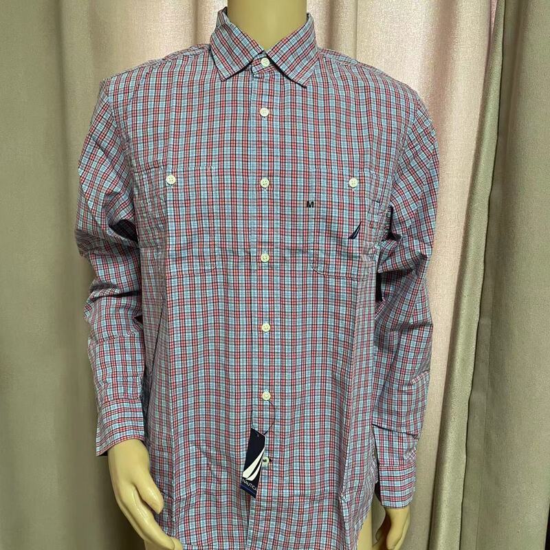 Nautica/Nodica Business Men's Shirt Long-Sleeved Stripesd No-Iron Inch Shirt Plaid Print Square Collar Shirt