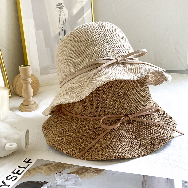 Korean version of the fisherman hat all-match Japanese spring and summer breathable cotton and linen sun hat literary bow sunscreen pot hat lotus leaf