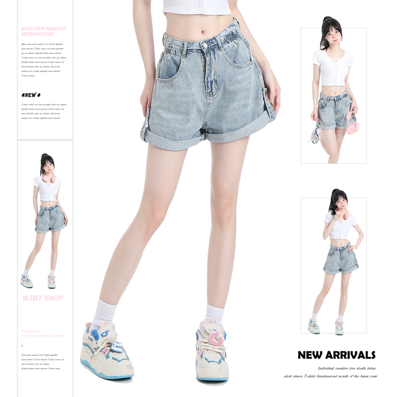 Mjmt American Style Spicy Girl High-Waisted Denim Shorts Summer Women's Five-Point Shorts A-Line Slimming Versatile Loose Hot Pants Mjmt American Style Spicy Girl High-Waisted Denim Shorts Summer Women's Five-Point Shorts A-Line Slimming Versatile Loose Hot Pants