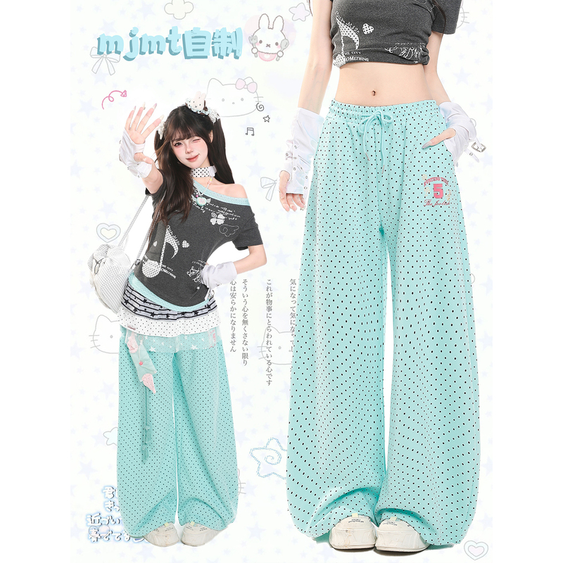 American-Style Polka Dot Print Wide-Leg Pants for Women, Summer Casual Bf Style, High-Waisted, Slimming, Loose, Drapey, Straight-Leg Casual Pants American-Style Polka Dot Print Wide-Leg Pants for Women, Summer Casual Bf Style, High-Waisted, Slimming, Loose, Drapey, Straight-Leg Casual Pants