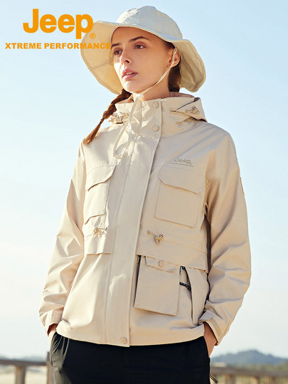 Jeep吉普户外冲锋衣女春秋风衣运动休闲防风防水透气连帽夹克外套