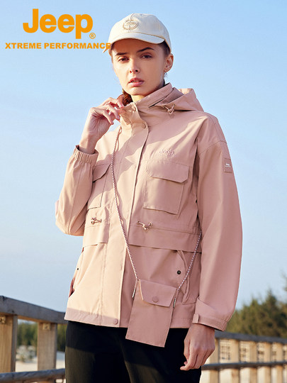 Jeep吉普户外冲锋衣女春秋风衣运动休闲防风防水透气连帽夹克外套