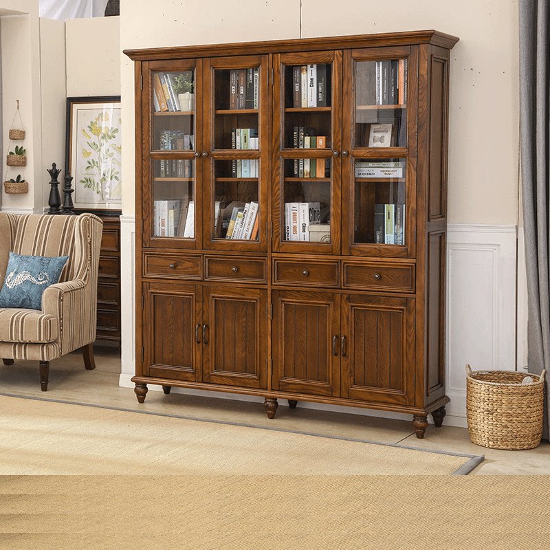 Ash wood all solid wood bookcase combination glass door American country three or four door storage bookcase European storage cabinet