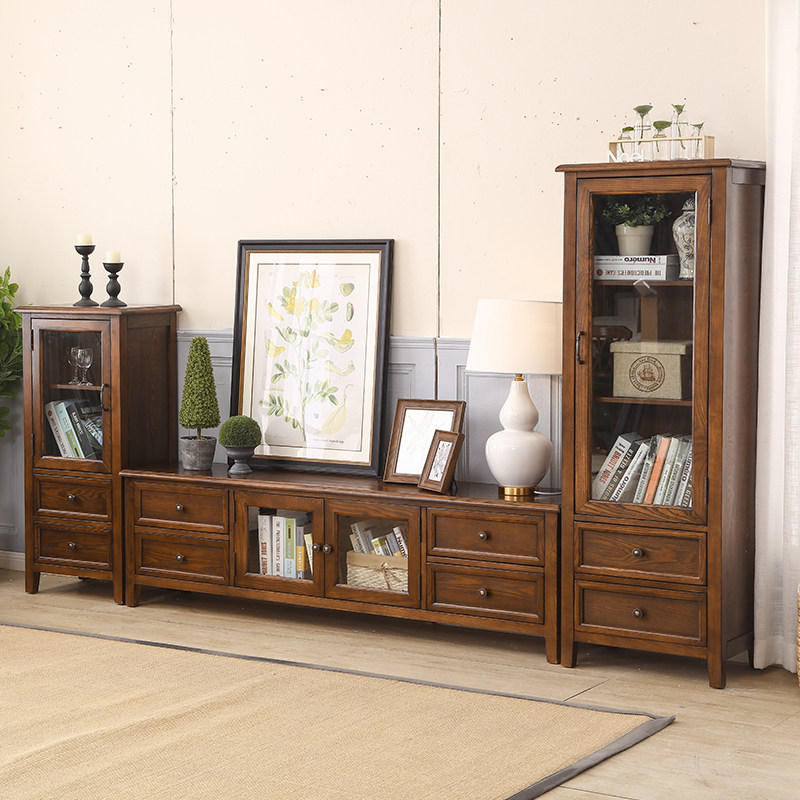American TV cabinet solid wood TV cabinet coffee table combination set floor cabinet living room American furniture retro country old