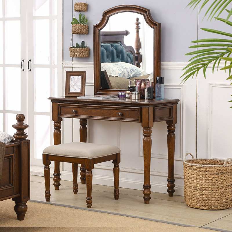 American solid wood dressing table European dressing table small apartment bedroom dressing table combination with mirror drawer stool country