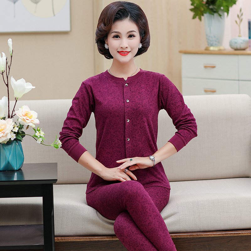 người trung niên và người già bông mở cardigan ấm đồ lót womens bông lớn sân cardigan quần mùa thu mỏng quần bông áo len set.