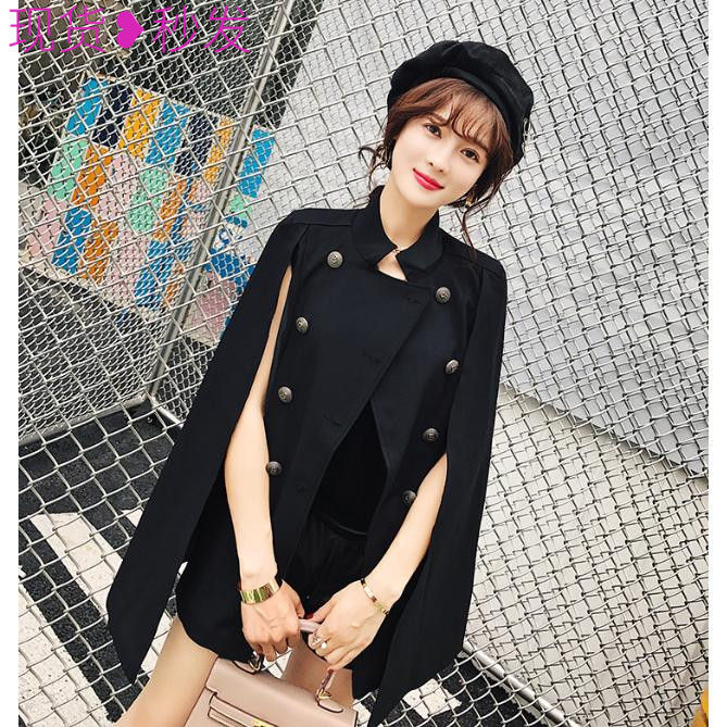 Cape Coat for Women, Autumn and Winter, Black Woolen Batwing Style, Mid-Length, British and Korean Style, Student Style, Chanel-Inspired Shawl Suit