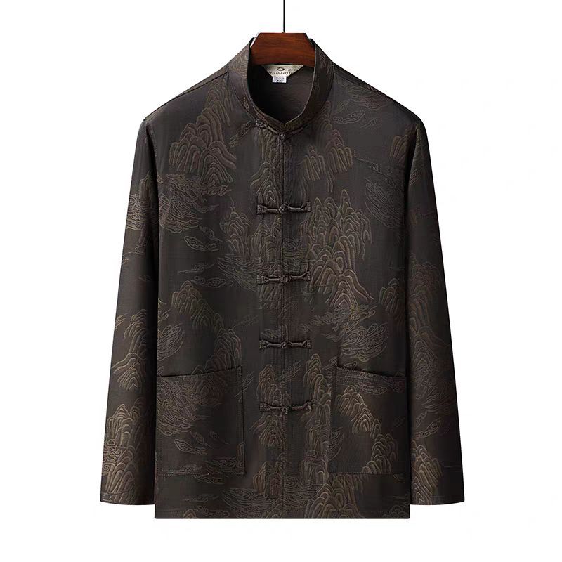 Spring and Summer Tang Suit Men's Long-Sleeve Shirt Business Gentleman Middle-Aged and Elderly Men's Zhongshan Suit Grandpa Silk Cotton Set