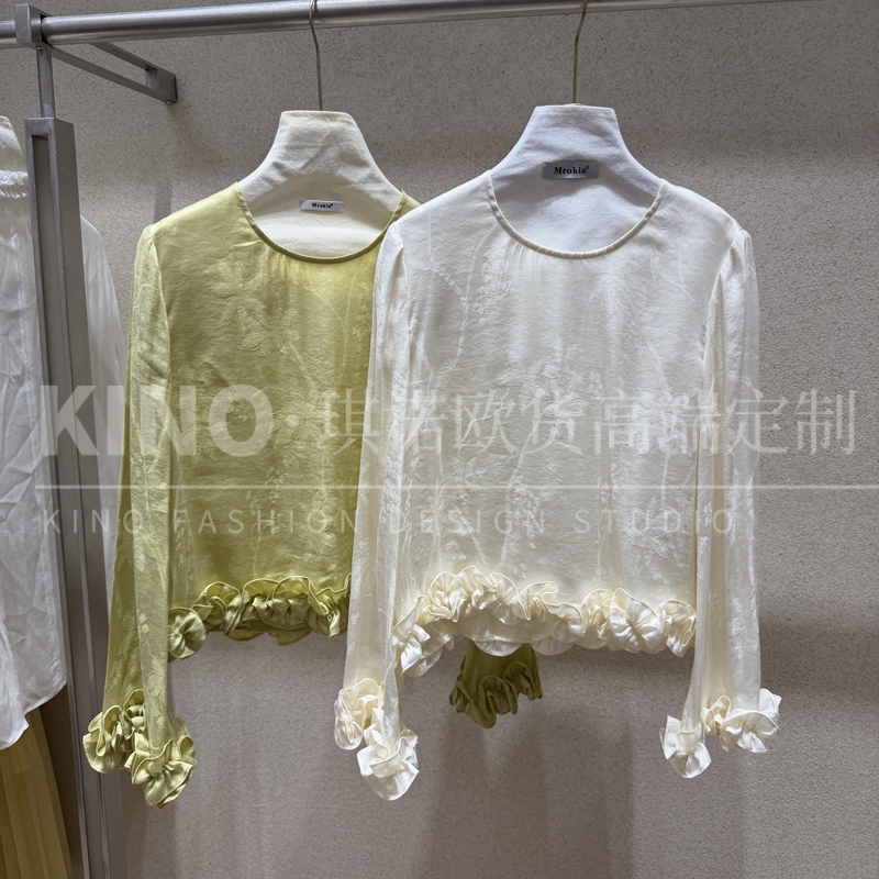 Authentic European Brand Muka 2026 Spring Collection Design-Inspired Round-Neck Shirt with 3D Ruffle Edges and Jacquard Flared Sleeves