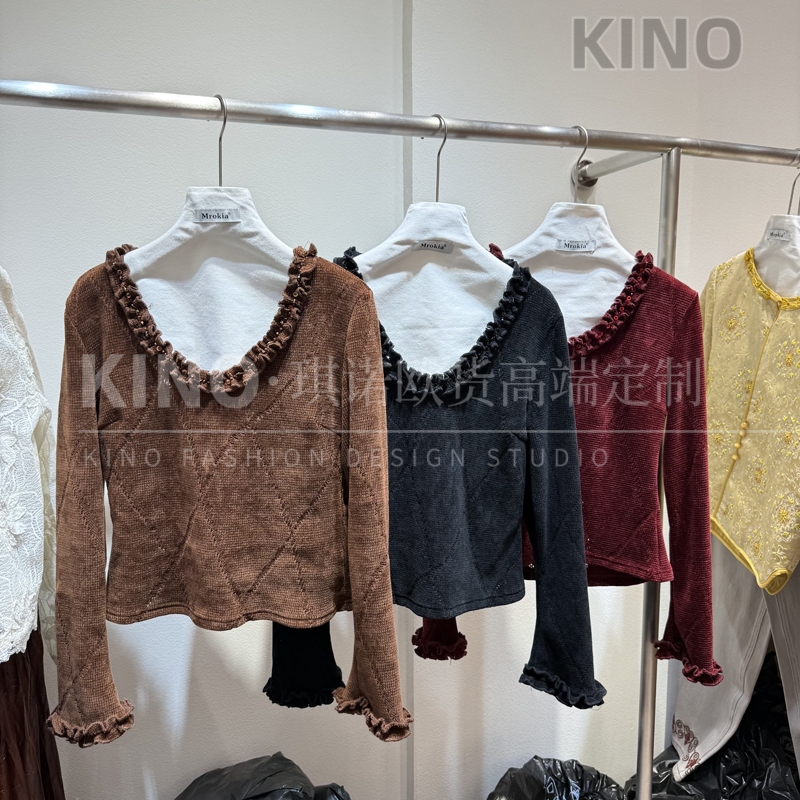 Authentic European Goods Mk2025 Autumn Vintage Fashion Ruffled Sequin Elegant Slim-Fit T-Shirt Top 25Y760